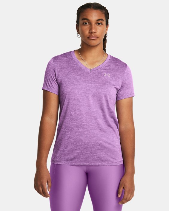 女士UA Tech™ Twist V領短袖T恤 in Purple image number 0